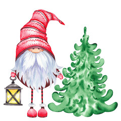 Scandinavian Christmas Gnome with a lamp and green pine tree.
