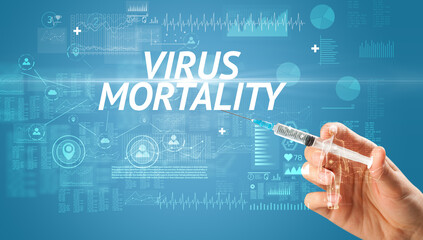 Syringe needle with virus vaccine and VIRUS MORTALITY inscription, antidote concept