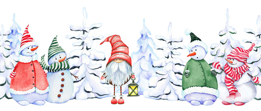 Seamless horizontal pattern with funny snowmen and Scandinavian Christmas Gnome.