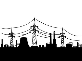 vector illustration. Silhouette of a factory with power lines. Power station
