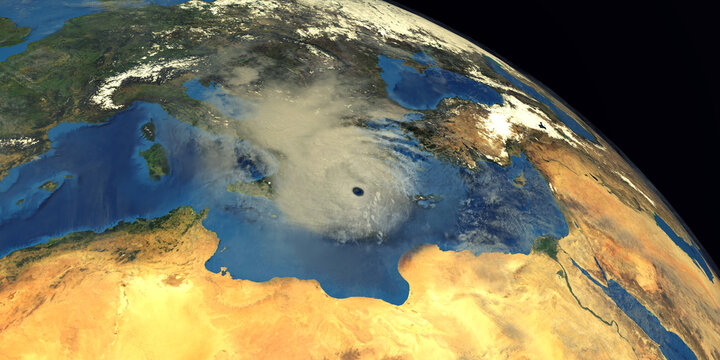 Medicane Ianos Mediterranean Hurricane approaching Greece. Shot from Space. Elements of this 3D rendering are furnished by NASA.