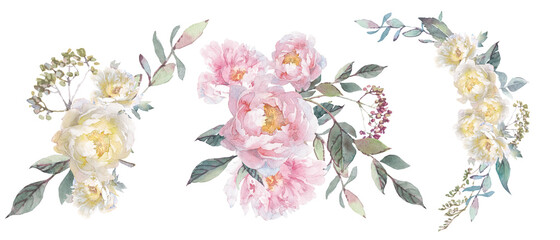 Watercolor set with bouquets of peonies and herbs.
