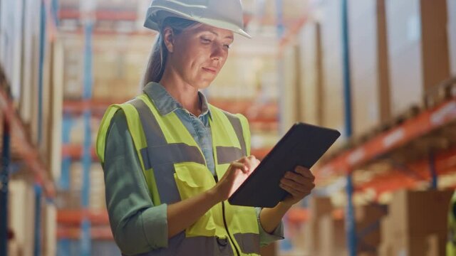 Professional Female Worker Wearing Hard Hat Checks Stock and Inventory with Digital Tablet Computer in the Retail Warehouse full of Shelves with Goods. Working in Logistics, Distribution Center 