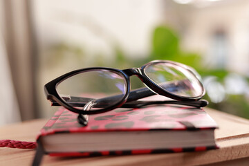 gafas de ver de montura de pasta negra puestas sobre una agenda fashion en una habitación