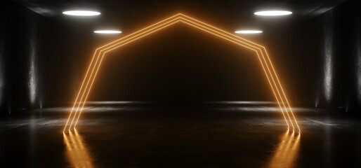 Neon Laser Glowing Orange Vibrant Arc Electric Sci Fi Futuristic Garage Parking Warehouse Showroom Concrete Grunge Background 3D Rendering