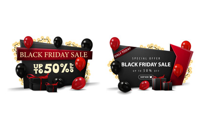 Set of Black Friday discount banners in cartoon style decorated with red and black balloons, bright garlands and presents