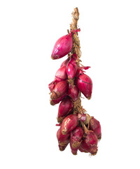 Isolated Tropea red onion hanging in an onion braid on a white background