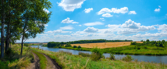 Sunny rural russian landscape with country road,river and golden fields