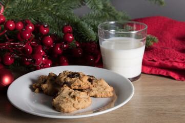 Milk and home made raisin cookies for Santa Claus under the Christmas tree
