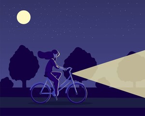 Young woman riding bike at night. Female athlete, sport exercise, night trip. Cartoon character on bicycle, biking  in the evening city, park. Girl in the moonlight