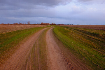 Fototapeta na wymiar Long dirt road in the fields. Cloudy evening landscape.