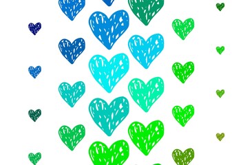 Light Blue, Green vector pattern with colorful hearts.