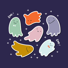 Cartoon flying ghosts. Hand drawn set of halloween stickers. Stylized stars and Boo lettering on the background. Vector isolated cartoon characters for apps, sticker print, posters, tags, invitations.
