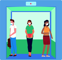 Fototapeta premium social Distancing signs in the elevator during Coronavirus (Covid-19) pandemic. People maintain social distancing in the elevator during the Coronavirus outbreak.