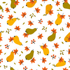 Autumn backdrop with ripe pears, berries and falling leaves. Isolated vector seamless pattern. Autumn harvesting. Simple cartoon flat style for textile, wrapping paper, wallpaper.