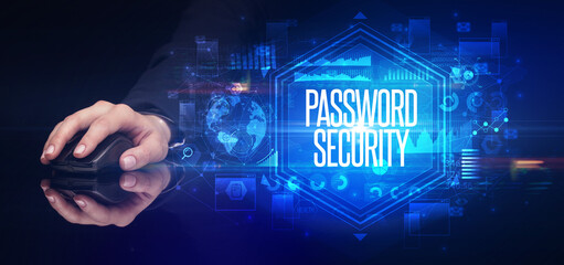 hand holding wireless peripheral with PASSWORD SECURITY inscription, cyber security concept