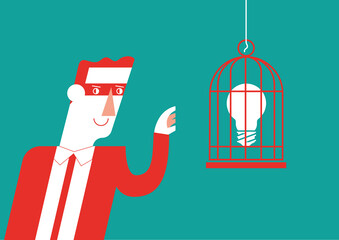 Businessman stealing an idea. Flat vector illustration.