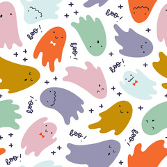 Cute flying ghosts and Boo lettering isolated on white background. Vector seamless pattern. Cartoon Halloween backdrop. Simple flat style for textile, wrapping paper, wallpaper, kid's printing.