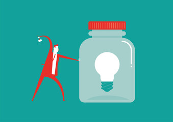 Man trying to break a jar with a light bulb inside. Flat vector illustration.