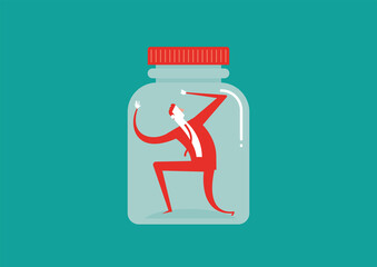 Businessman trapped in a bottle. Flat vector illustration.