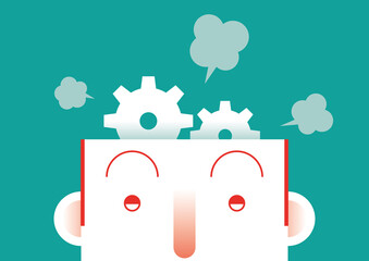 Man with gears running on his head. Flat vector illustration.