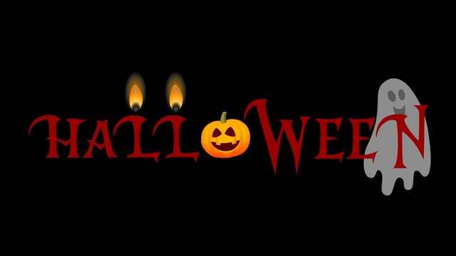 On a transparent background, the word "Halloween", followed by a ghost. In the middle of the word is a smiling pumpkin and a lit candle fire above the letters "L".