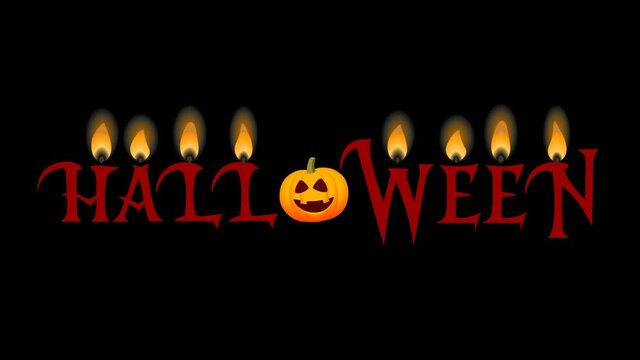 On a transparent background, the word "Halloween", in the middle of the word is a smiling pumpkin, and the candle lights above the letters are gradually lit. 2D animation.