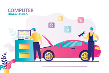 Qualified automotive technician making computer diagnostics of automobile. Car repair shop banner template.