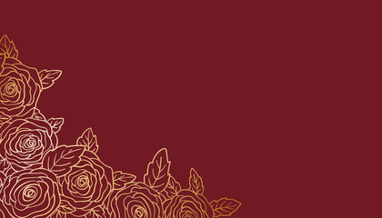 Floral luxury card template for business, presentation, invitation or greeting with golden roses bouquet corner decoration hand drawn contour line on burgundy color background