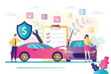 Car insurance concept. Automobile protection and safety assurance. Cars damage, safety from disaster.