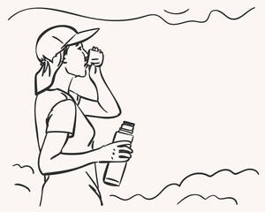 Girl drinking from thermos, Portrait drawing in outdoor cap with space for text. Vector sketch Hand drawn illustration