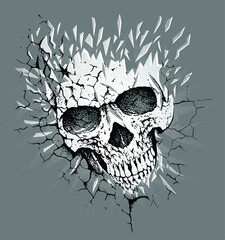Vector illustration of skull with cracked appearance and background texture.