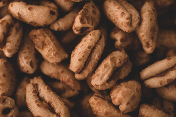 Macro close up of inflated wheat cereal, selective focus