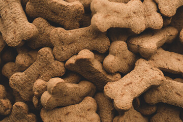 Many Bone shaped dog biscuit, macro close up, selective focus