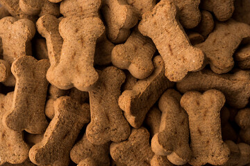 Many Bone shaped dog biscuit, macro close up, selective focus