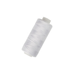 Close up of a spool of white sewing thread on a white isolated background. Thread is a type of yarn that is also used for sewing. Made from cotton, wool, linen, nylon and silk.
