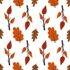 Fototapeta na wymiar Autumn fall vector seamless pattern. Yellow, brown and red falling oak leaves. Isolated vector design elements. Seasonal background for wallpaper, wrapping, textile, scrapbook. Flat cartoon design.