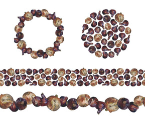 Seamless borders, round frame and pattern of red and brown onion bulbs. Watercolor illustration. For duct tape, card, invitation, recipe, menu, cookbook, stationery and packaging design.