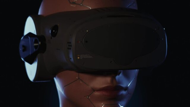 portrait of cyborg girl in VR helmet front view. girl looks around in virtual space