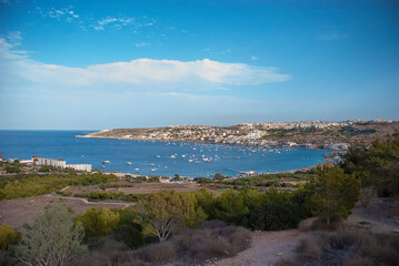 Fototapeta na wymiar View looking down on Mellieha Bay in Malta