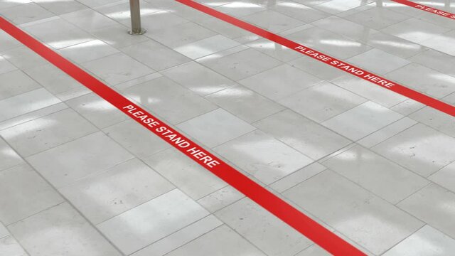 Red queue lines on the floor in the populous place. Social distance must be observed in the markets, stores and other public places during covid-19 and coronavirus pandemic, loopable 3d animation.