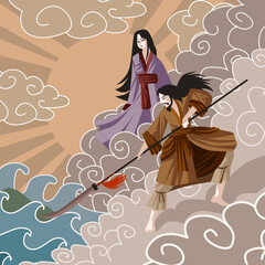 Izanagi and Izanami asian mythology shinto god and goddess creating an island - 378990895
