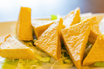 Close up shot of deep fried tofu