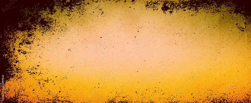 Poster abstract orange background with black grunge borders, triangle shapes in orange transparent layers w