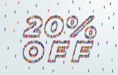 20 Percent off. Large group of people form to create a shape20% off. Special Offer Sale Design. Vector Illustration of advertising banner.