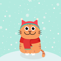 Vector Christmas card. Greeting card with snow and cartoon ginger cat in santa hats, winter headwear. Hello winter and Merry Christmas concerpt.