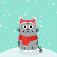 Vector Christmas card. Greeting card with snow and cartoon fat cat in santa hats, winter headwear. Hello winter and Merry Christmas concerpt.