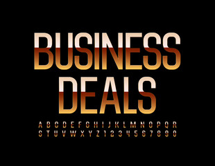 Vector elite sign Business Deals. Premium shiny Font. Elegant Gold Alphabet Letters and Numbers set