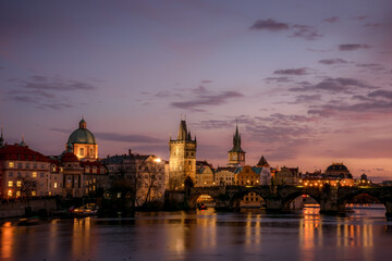 Obraz na płótnie Canvas Old Prague on a pink sunset