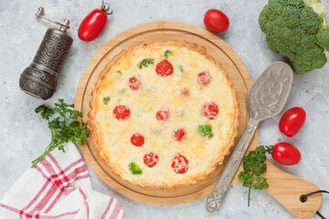 Homemade traditional vegetable, cheesy and creamy pie Quiche